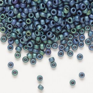 Seed bead, Miyuki, glass, pkg/50g, #8 rocaille, opaque matte metallic iris blue green (RR-2064).