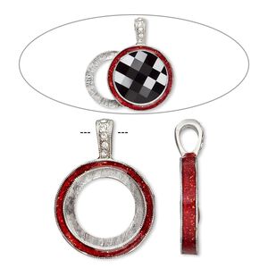 Pendant, Almost Instant Jewelry&reg;, epoxy / crystals / imitation rhodium-finished "pewter" (zinc-based alloy), light Siam red and crystal clear with glitter, 33x24mm single-sided with 20mm round setting. Sold individually.