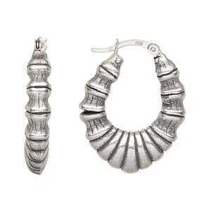 Earring, antiqued sterling silver, electroformed, 29mm oval hoop with latch-back closure. Sold per pair.