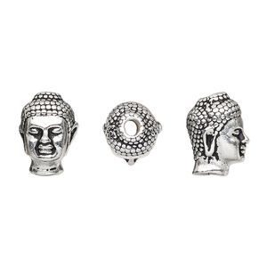 Bead, TierraCast&reg;, antique silver-plated pewter (tin-based alloy), 13.5x9.5mm 3D Buddha head. Sold per pkg of 2.