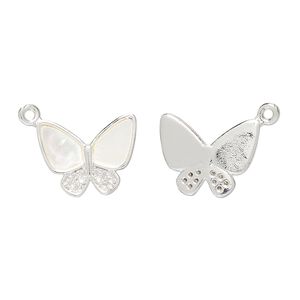 Charm, brass / mother-of-pearl shell (bleached) / glass rhinestone, 15x12mm butterfly 1pkg2, silver finish / white / clear