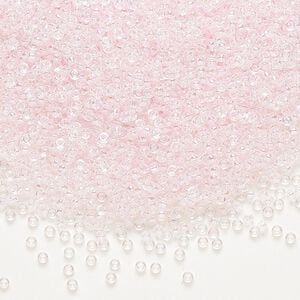 Seed bead, Miyuki, glass, pkg/35g, #15 rocaille, translucent pale pink-lined rainbow crystal clear (RR-265).