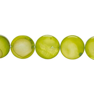 Mother-of-pearl shell 1pkg1, puffed flat round bead 15 inch yellow-green 11-12mm