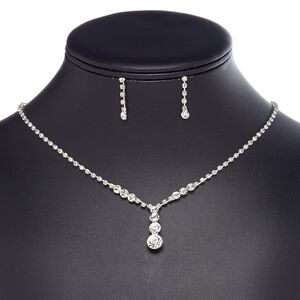 Necklace and earring set, glass rhinestone / plastic / imitation rhodium-plated brass / steel, clear, 1-inch dangle with cupchain and round, 15" to 16" necklace with 3-inch extender chain and lobster claw clasp, 24mm earrings with post. Sold per set.