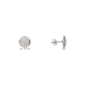 Earstud 1pkg2 sterling silver / white topaz (natural), 12x11mm beaded hexagon / open loop, 1 pair