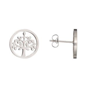 Earstud, stainless steel, 15mm round with tree of life cutout. Sold per pair.