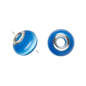 Bead, Dione&reg;, cat's eye glass (fiber optic glass) and silver-plated brass grommets, blue, 13x10mm-14x10mm rondelle. Sold per pkg of 6.