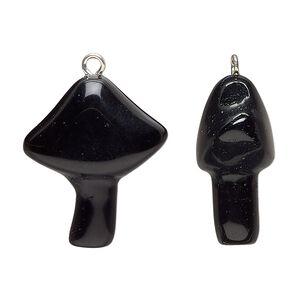 Drop 1pkg1, imitation rhodium-plated brass and black obsidian (natural), 25x21.5mm hand-carved mushroom