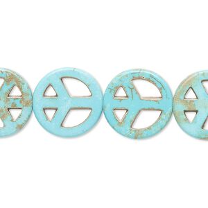 Bead, "howlite" (resin) (imitation), aqua blue, 14-15mm peace sign. Sold per 15-inch strand.
