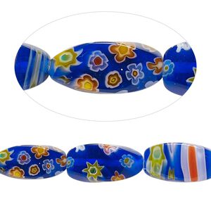Bead, millefiori glass, opaque multicolored, 16x8mm 4-sided twisted oval with 0.6-0.8mm hole. Sold per 15-inch strand.