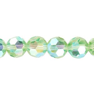 Bead 1pk 32 facets translucent lime green AB, Celestial Crystal&reg; 10mm round 15.5-16 inch