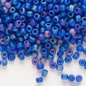 Seed bead, Dyna-Mites&trade;, glass, transparent frosted rainbow cobalt, #6 round. Sold per 40-gram pkg.