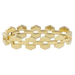 Bracelet, gold-finished brass, 18mm wide with hexagon links and fold-over clasp, 7  inches. Sold individually.