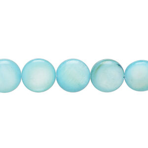 Mother-of-pearl shell 1pkg1, puffed flat round bead 15 inch light blue 9-11mm