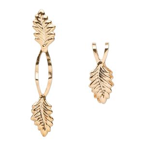 Bail, fold-over, gold-plated brass, 39x7mm Y-style with leaf and 20mm grip length. Sold per pkg of 500.