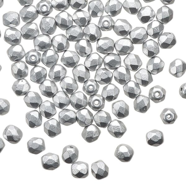 Bead 1pkg1 Czech fire-polished glass, 4mm satin faceted round, 1 mass opaque silver image number 0