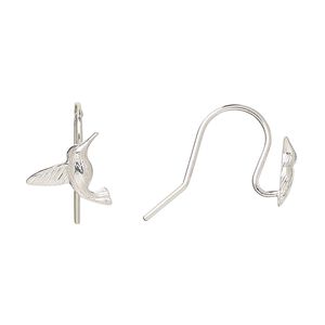 Ear wire fishhook 1pkg2 Amoracast&reg; sterling silver, 13mm / 12x12mm humming bird / right and left facing / open loop, 20 gauge 1 pair