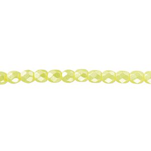 Bead, Czech fire-polished dipped d&eacute;cor glass, pearlescent light yellow, 4mm faceted round. Sold per 15-1/2" to 16" strand.