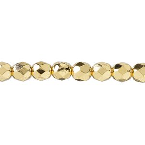 Bead, fire-polished, 14Kt gold-plated glass, opaque clear, 6mm faceted round. Sold per 15-1/2 to 16-inch strand.