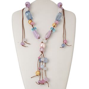 Necklace, plastic / resin / waxed cotton cord, multicolored, rondelle, adjustable from 17-44 inches with knot closure. Sold individually.