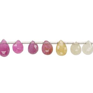 Multi-sapphire 1pkg29, hand-cut top-drilled faceted puffed teardrop bead 7x5mm-9x5mm