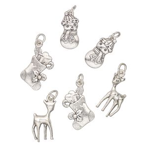 Charm assortment, antique silver-finished "pewter" (zinc-based alloy), 20x12mm-17.5 x 9mm Christmas shapes. Sold per pkg of 6.