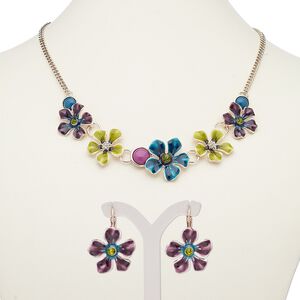 Necklace and earring set, acrylic / enamel / glass rhinestone / rose gold-finished steel / "pewter" (zinc-based alloy), multicolored, flowers, 18-inch necklace with 2-inch extender chain and lobster claw clasp, 32mm earrings with leverback ear wire. Sold per set.
