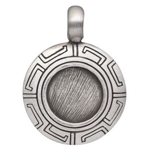 Pendant, antiqued pewter (tin-based alloy), 44x32mm round with Greek key design and 17mm round setting. Sold individually.