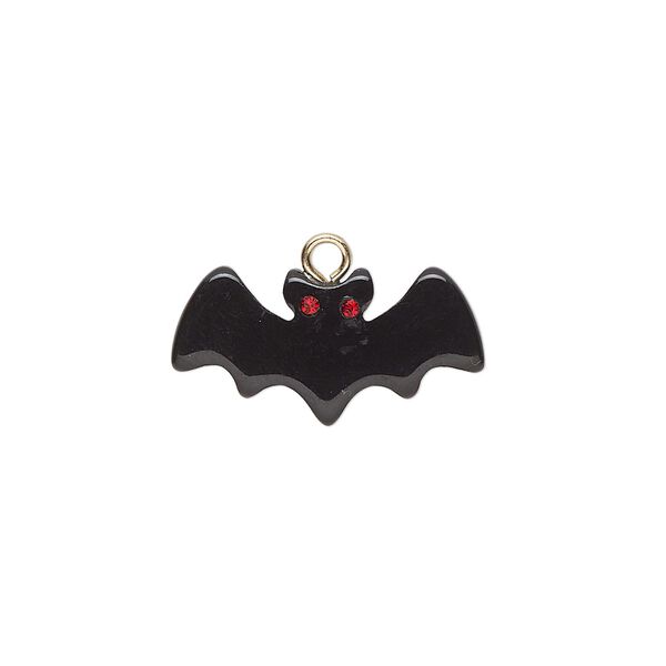 Charm 1pkg2, gold-finished steel / glass / plastic, black and red, 20.5x10mm bat. image number 0