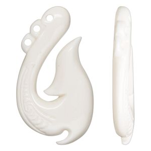 Focal, bone (bleached), white, 41x23mm hand-carved single-sided hook with fancy design, Mohs hardness 2-1/2. Sold individually.