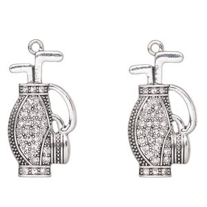 Focal, antique silver-finished "pewter" (zinc-based alloy) and glass, clear, 33x18mm golf bag. Sold per pkg of 2.