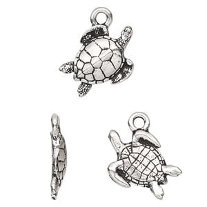 Charm, TierraCast&reg;, antique silver-plated pewter (tin-based alloy), 16mm 3D sea turtle. Sold per pkg of 20.
