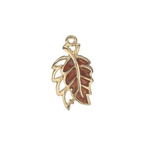 Charm, gold-finished "pewter" (zinc-based alloy) and enamel, brown, 20x12mm single-sided double leaf. Sold individually.