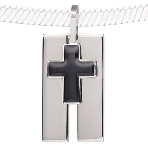 Pendant, epoxy and stainless steel, black, 35x20mm rectangle. Sold individually.