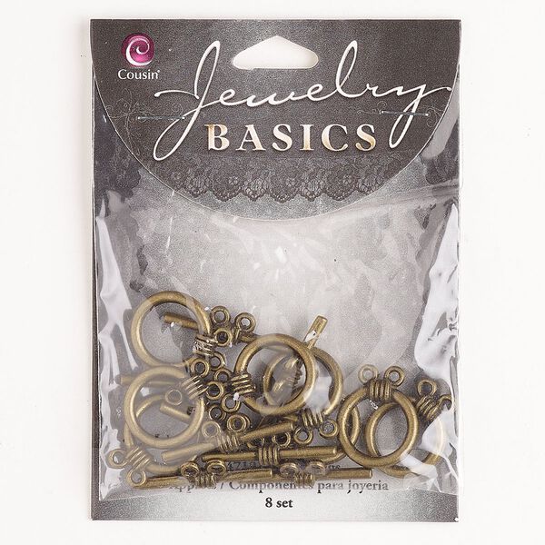 Clasp toggle 1pkg8 "pewter" (zinc alloy), 16mm round, antique gold-finished 2-strand image number 0