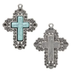 Focal, "turquoise" (resin) (imitation) and antique silver-finished "pewter" (zinc-based alloy), turquoise blue, 42x35mm single-sided cross. Sold individually.