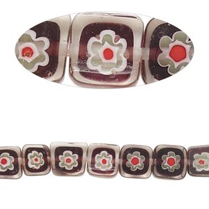 Bead, millefiori glass, translucent purple and multicolored, 7mm-9x8mm puffed square with flower design. Sold per 14-inch strand.