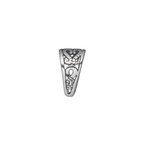 Bail, ice-pick, antiqued sterling silver, 14x8mm double-sided shield with open filigree, 12mm grip length. Sold individually.