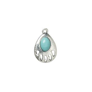 Charm, "turquoise" (resin) (imitation) and antiqued "pewter" (zinc-based alloy), blue, 14x11mm single-sided bear paw. Sold individually.