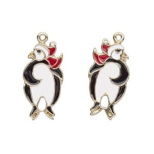 Charm, enamel and gold-finished "pewter" (zinc-based alloy), white / black / red, 23x12mm left- and right-facing single-sided skating penguin. Sold per pkg of 2.