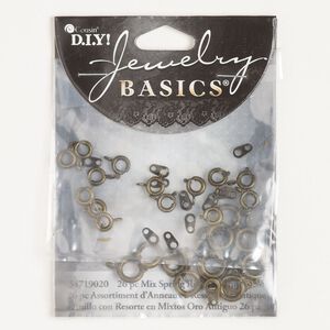 Springring mix 1pkg26, 6-9mm round, antique gold-finished brass / steel clasp 1-strand