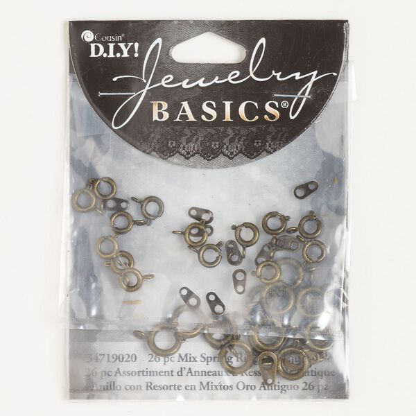 Springring mix 1pkg26, 6-9mm round, antique gold-finished brass / steel clasp 1-strand image number 0