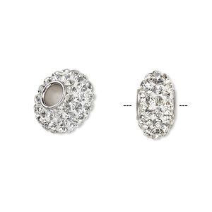 Bead 1pkg1 imitation rhodium-plated, 13x8mm-14x8mm rondelle, brass / glass rhinestone / epoxy / white / clear Dione&reg;