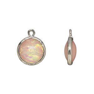 Drop, Opalized Ice&trade;, "opal" (resin) and imitation rhodium-finished brass, opaque light pink, 14mm double-sided round. Sold per pkg of 4.