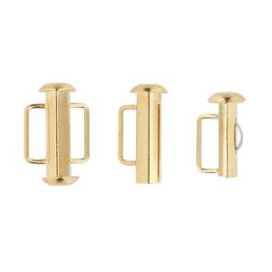 Clasp slide lock 1pkg4 gold-plated, 16x6mm round tube / fits 8x2mm cord, brass 1-strand