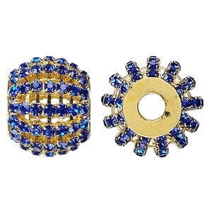 Bead 1pkg1 gold-finished, 25x20mm barrel / 3mm chatons, brass / cobalt blue rhinestone
