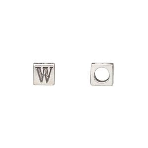 Bead 1pkg1 sterling silver, 5.5mm cube / letter W, antiqued Dione&reg;