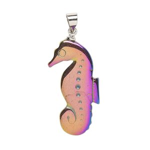 Hemalyke&trade; / brass 1pkg1, electroplated silver-finished 1-sided seahorse pendant 29x15mm