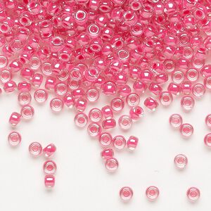 Seed bead, Miyuki, glass, pkg/50g, #8 rocaille, translucent carnation pink-lined luster crystal clear (RR-208).