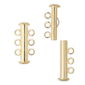 Clasp slide lock 1pkg100 gold-plated, 21x6mm tube, brass 3-strand